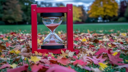Red Hourglass on Autumn Leaves, Fall Season Time Concept