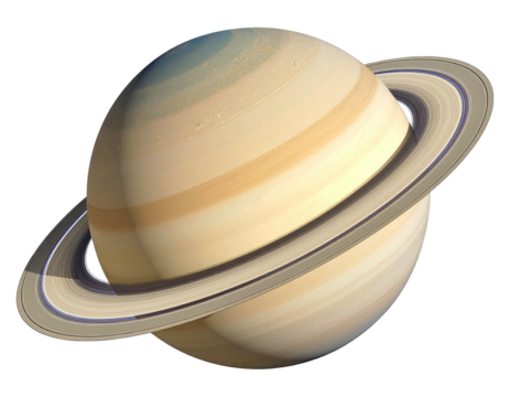 Saturn, a ringed gas giant, with distinct bands of color,  orbits