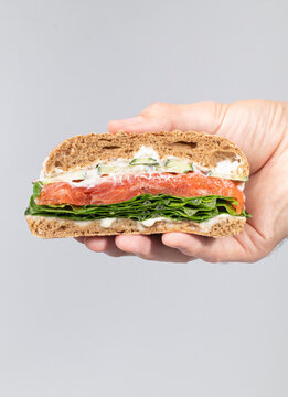 Sandwich with salmon and cream chese in hand on a gray background.