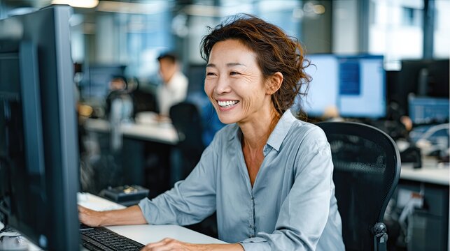 Happy asian woman working at computer in open office. Business professional using desktop for data entry. Corporate work, success, happy employee.