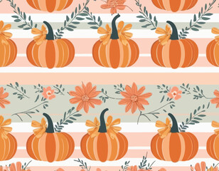 Fall pumpkin flowers cute coquette bows seamless pattern