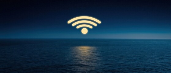 Global Connectivity: Wifi Symbol Over a Tranquil Ocean at Night