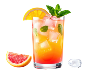 Refreshing orange and grapefruit cocktail, garnished with mint and a slice of orange