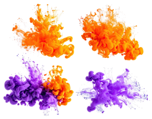 Four abstract ink blots, orange and purple, swirling and merging