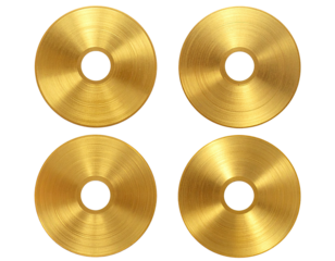 Four gold-toned circular discs, arranged in a grid pattern.  Each disc has a central hole and a highly reflective, polished surface
