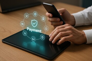 Smartphone and tablet with secure digital payment icons hovering above touch interface
