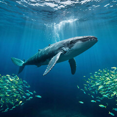 a large whale in the ocean with rabits
