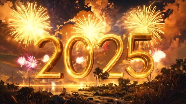 Golden 2025 New Year Celebration with Fireworks