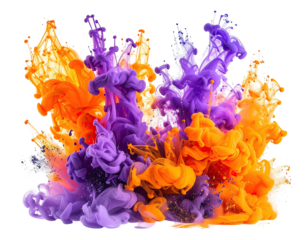 Vibrant explosion of orange and purple liquid inks mixing in an abstract, swirling design