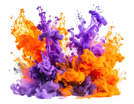 Vibrant explosion of orange and purple liquid inks mixing in an abstract, swirling design