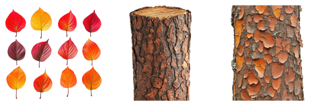 Assorted Autumn Foliage and Tree Bark Textures Isolated in Detailed Closeups on transparent background