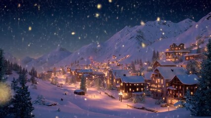 A picturesque winter village nestled in a snowy mountain valley under a starlit sky, illuminated by warm lights. - Powered by Adobe
