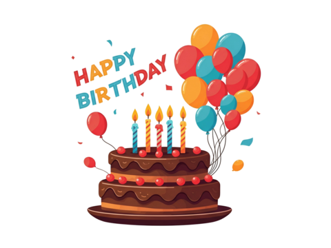 A colorful cartoon illustration of a two-tiered chocolate birthday cake with lit candles, balloons, confetti, and "Happy Birthday" text on a white background.