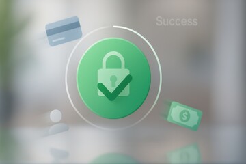 Digital payment success icon with green lock and financial elements in soft 3d design
