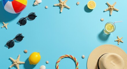 Beach accessories starfish and lemon drink arranged on a light blue background.