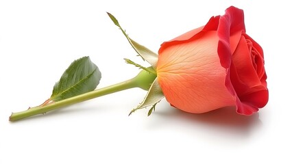 Single Red Orange Rose Flower Isolated White Background
