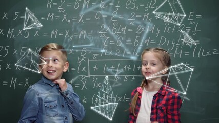 A puzzled child student near the blackboard, various mathematical formulas flying around - Powered by Adobe