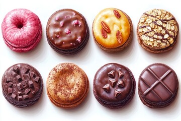 Set of eight gourmet dessert cookies. Chocolate, pecan, and oatmeal cakes. Delicious holiday treat for Christmas eve.