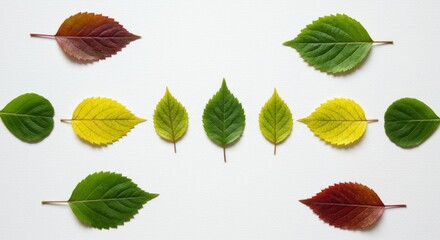 Leaves in varying colors arranged in a symmetrical pattern on white background.