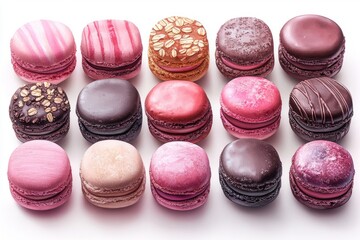 Assorted colorful french macarons in rows. Sweet dessert set for pastry shop or christmas holiday. Delicious meringue cake food.