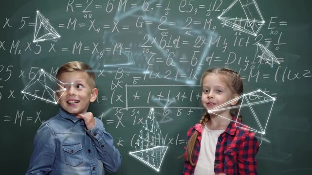 A puzzled child student near the blackboard, various mathematical formulas flying around