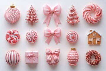Collection of christmas decorations and cookies in elegant pink and red colors. Creative festive ornament for Christmas.