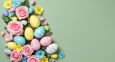 Easter eggs and pastel flowers arrangement on a light green background.