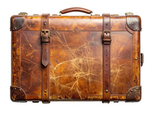 Antique leather suitcase, worn and aged, with brass hardware