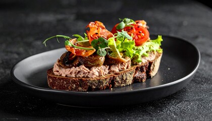 Open-faced sandwich with pate, tomatoes, and greens on dark bread, served on a black plate.
