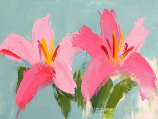 Abstract Pink Lily Flowers Impasto Painting Art