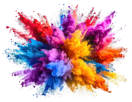 Colorful powder explosion, vibrant hues radiating outward