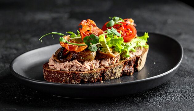 Open-faced sandwich with pate, tomatoes, and greens on dark bread, served on a black plate.