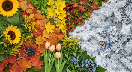 Four seasons represented by flowers leaves and snow in a colorful arrangement.