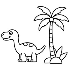 Cute cartoon dinosaur with a palm tree illustration in simple black outline style for kids coloring