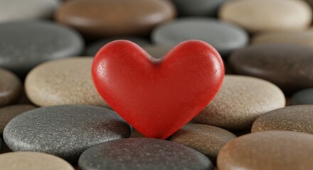 Red heart shape among smooth gray and beige stones in a close-up view.