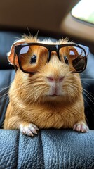 Cool Guinea Pig Wearing Sunglasses in a Car