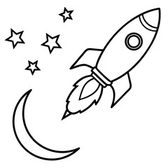 Fototapeta premium Rocket taking flight to the stars with moon and flames in black and white style drawing
