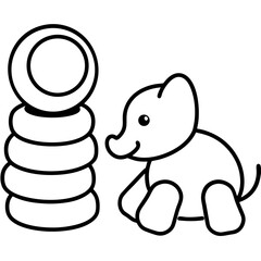 Elephant illustration with stacking rings line art drawing representing baby toys for toddlers design