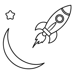 Black and White Rocket Illustration Flying Past Moon and Star to New Horizons