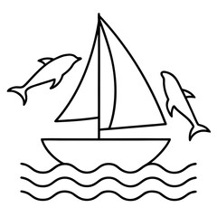 Sailing boat with dolphins on the sea line art illustration in monochrome style