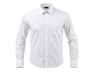 A crisp, white, long-sleeve dress shirt, button-down style, with a collared neckline and a single chest pocket