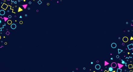 Abstract geometric shapes scattered on a dark blue background creating a border.