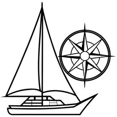 Nautical Adventure Sailing Yacht with Compass Rose Represents Voyages and Exploration Black and White