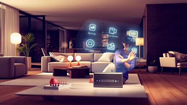 A woman controls her smart home using holographic interface in a modern living room. Futuristic home automation and intuitive digital interaction.