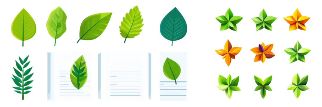 Collection of stylized leaves and papers, colorful designs with vibrant vector illustrations on transparent background