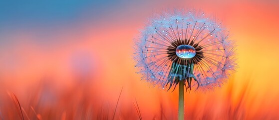 Sunset Dandelion: Dewdrop Reflections in a Vibrant Meadow