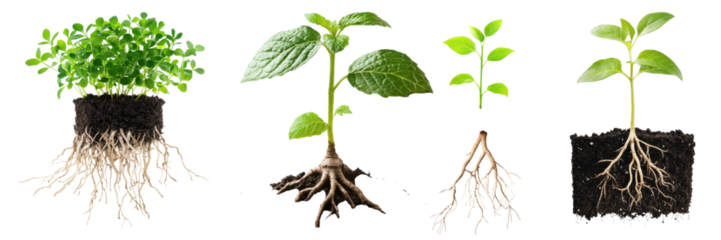 Diverse plant seedlings with roots, depicting stages of growth and development on transparent background