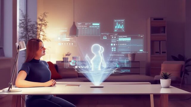 A woman controls her smart home using holographic interface in a modern living room. Futuristic home automation and intuitive digital interaction.