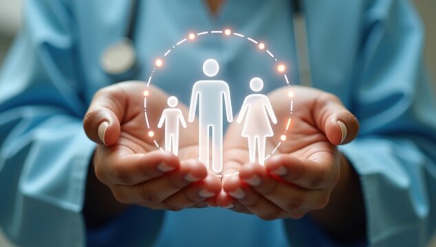 Manos sosteniendo iconos familiares hologr&aacute;ficos flotantes, concepto de atenci&oacute;n m&eacute;dica, rehabilitaci&oacute;n de discapacitados, cobertura de seguro, compasi&oacute;n voluntaria