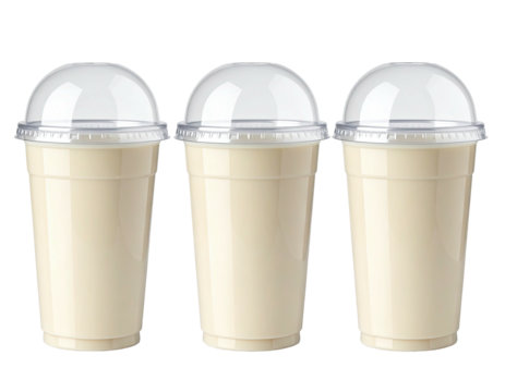 Three clear plastic cups filled with a light beige liquid, topped with matching lids